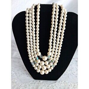 Vintage 4 Multi Strand Faux Pearl Beads Beaded Graduated Necklace Japan